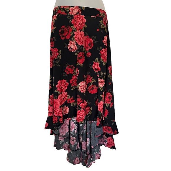 Torrid Rose Black Floral High Low Midi Maxi Casual Summer Formal Flowy Skirt - Picture 4 of 6